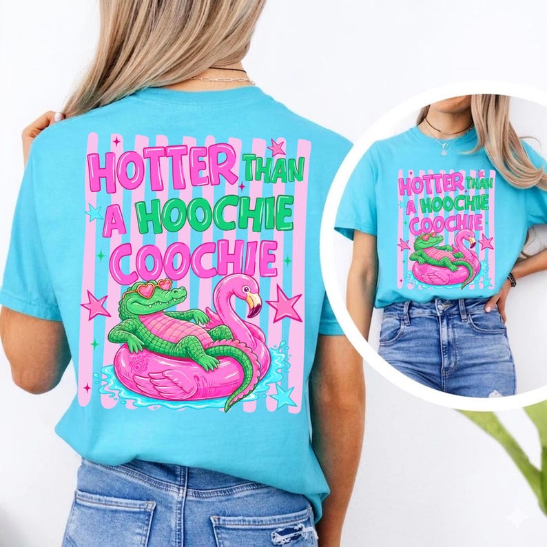 Image of Hotter Than A Hoochie Coochie PNG, Alligator Flamingo Floatie Sublimation, Retro Summer Gator Design, Southern Pool Day PNG, Beach Life