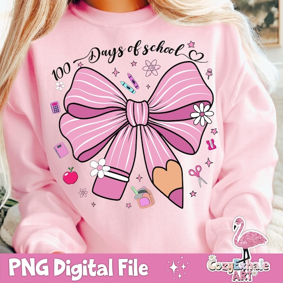 100 Days of School PNG: Coquette Bow Teacher Design (Digital Download)
