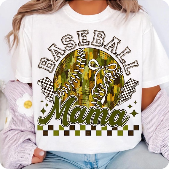 Vintage Camo Baseball Mom Shirt Design: Retro Checkered Coquette PNG for Game Day Sublimation
