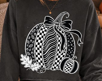 Coquette Pumpkin PNG, Black White Fall Bow Design (Digital Download)