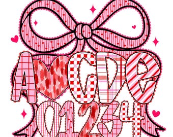 Valentijnsdag alfabet letters cijfers PNG clipart bundel roze strik hartmotieven voor sublimatie knutselen en digitale ontwerpen