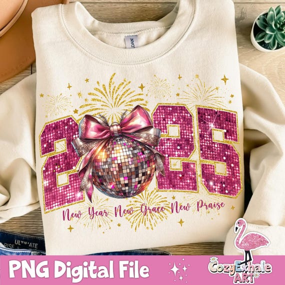 Happy New Year 2025 PNG: Coquette Bow Disco Ball Design (Digital Download)