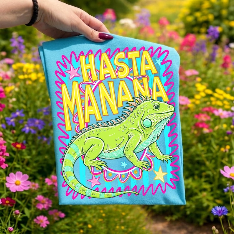 Image of Hasta Manana Iguana PNG Spanish Teacher School Farewell Sublimation Design Retro Striped Lizard Preppy Reptile Shirt Digital Download