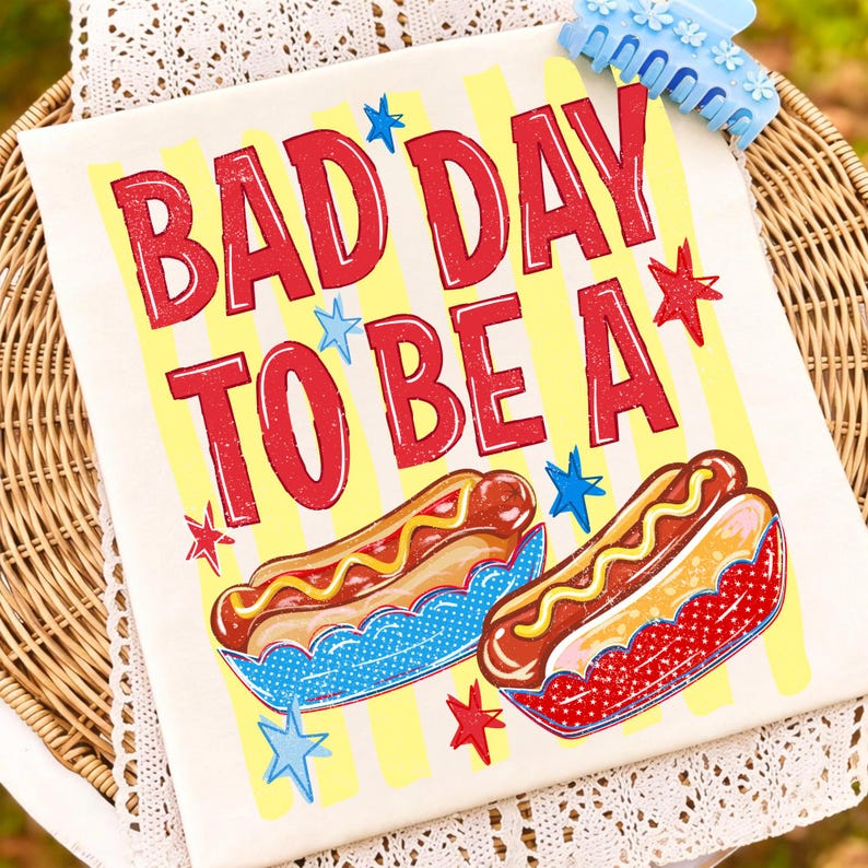 Various products featuring Bad Day To Be A Hot Dog design: mug, t-shirt, and pillow, showcasing versatility.