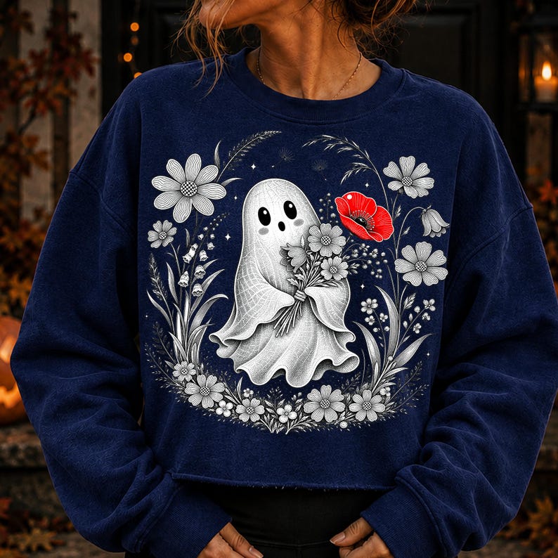 K&ouml;nnte beinhalten: Ein dunkelblaues Langarm-Sweatshirt mit einer zentralen Grafik eines wei&szlig;en Geistes, der einen Blumenstrau&szlig; h&auml;lt. Der Geist ist von einer kreisf&ouml;rmigen Anordnung aus schwarz-wei&szlig;en Strichzeichnungen von Blumen umgeben, inklusive einer roten Mohnblume.