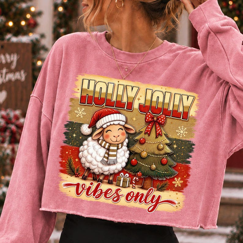 Może przedstawiać: R&oacute;żowa bluza z długim rękawem i kr&oacute;tkim krojem z nadrukiem owcy w czapce Mikołaja i szaliku obok udekorowanej choinki. Napis głosi HOLLY JOLLY vibes only, umieszczony na tle poziomych pas&oacute;w w r&oacute;żnych kolorach.