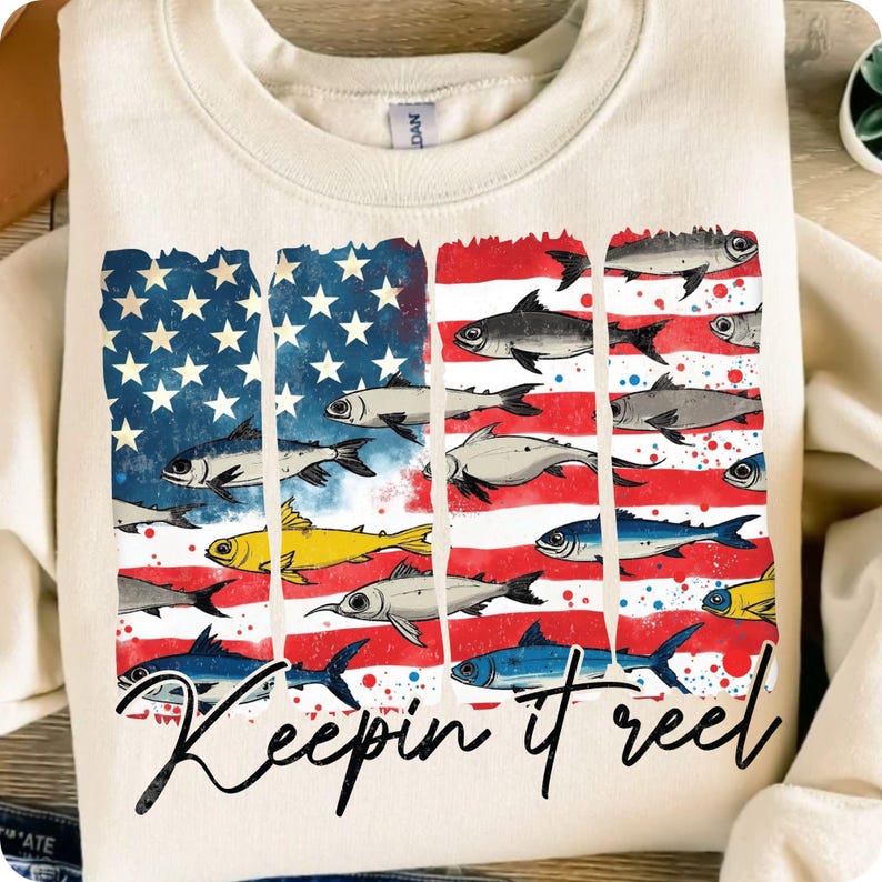 Retro USA Flag Fish PNG design for patriotic fishing apparel