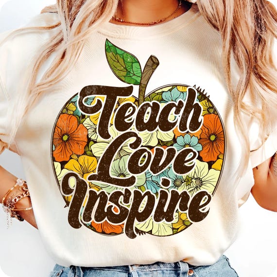 Retro Floral Teacher PNG: Teach Love Inspire, Coquette Pencil Bow (Digital Download)