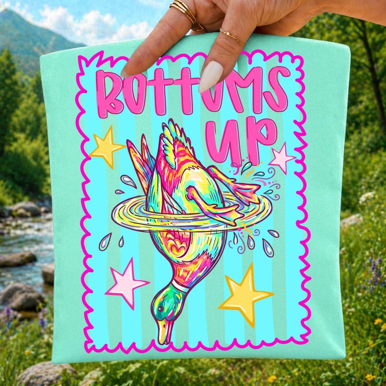 Image of Striped Bottoms Up Duck PNG Preppy Summer Design Lake Girl Sublimation Beach Vibe Shirt Digital Download Mallard Duck Art Retro Summer DTF