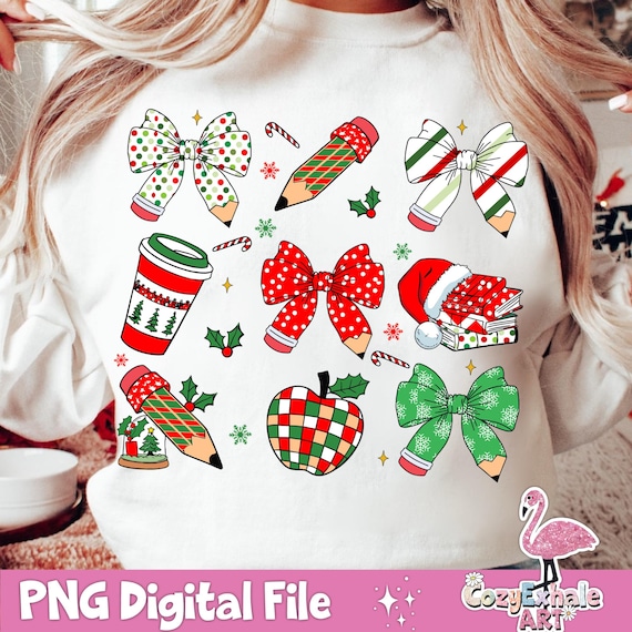 Retro Teacher Christmas PNG: Coquette Pencil Bow Design (Digital Download)