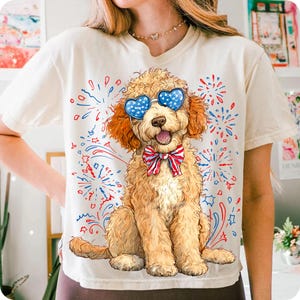 Goldendoodle Patriotic PNG, Fourth of July Dog Clipart, USA Dog Digital Illustration, Red White Blue Bow, Retro 4th of July Sublimation