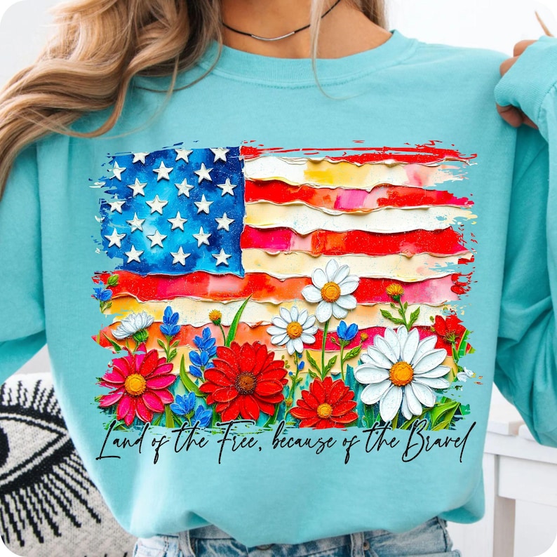 Floral American Flag PNG Wildflower USA Sublimation Design on a White T-shirt