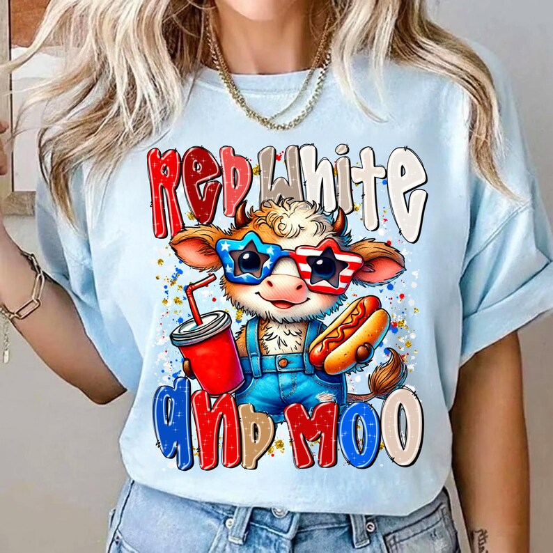 Rödvit och Moo PNG 4 juli Highland Cow Sublimation Design Patriotic Independence Day Digital Download American Pride Cow Clipart bild 5