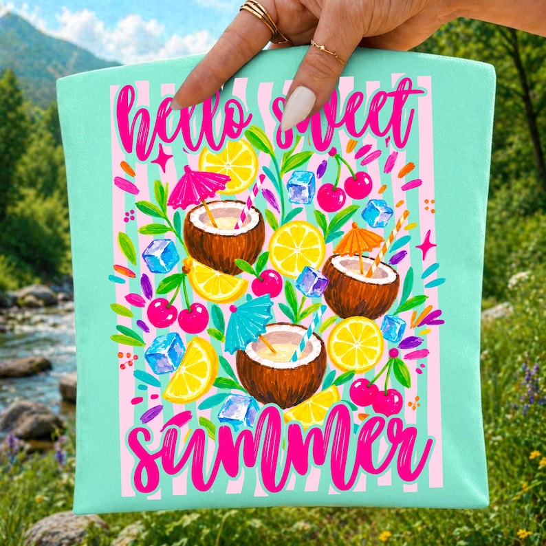 May include: A light mint green fabric pouch featuring a pink striped background and the text "hello sweet summer" in bright pink script. The design includes illustrations of three coconuts, yellow lemon slices, red cherries, and blue ice cubes.