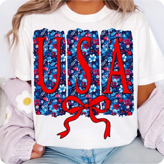 Floral USA Coquette PNG: Patriotic Bow, Retro 1776 Art (Digital Download)
