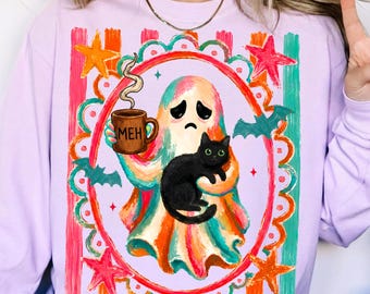 Retro Ghost Halloween PNG Black Cat Coffee Mug Sublimation Design Spooky Season DTF Digital Download Funny Meh Ghost Shirt Graphic Art