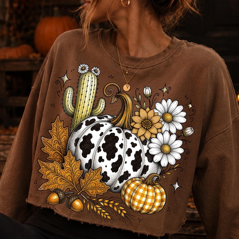 Puede incluir: Una sudadera marr&oacute;n de manga larga con un estampado gr&aacute;fico de una calabaza con manchas de vaca, una calabaza m&aacute;s peque&ntilde;a de cuadros amarillos, un cactus verde con flores blancas, hojas de oto&ntilde;o, bellotas, espigas de trigo y margaritas.