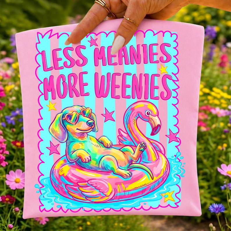 Vibrant 'Less Meanies More Weenies' Dachshund PNG design with flamingo accents.
