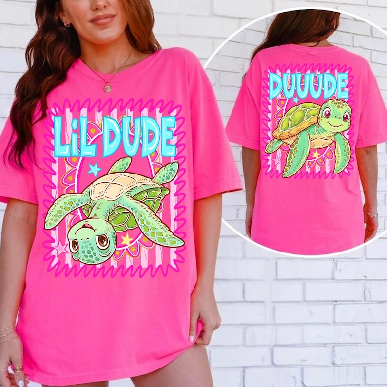 Close-up of the Duuude and Lil Dude sea turtle PNG design in vibrant neon pop art style.