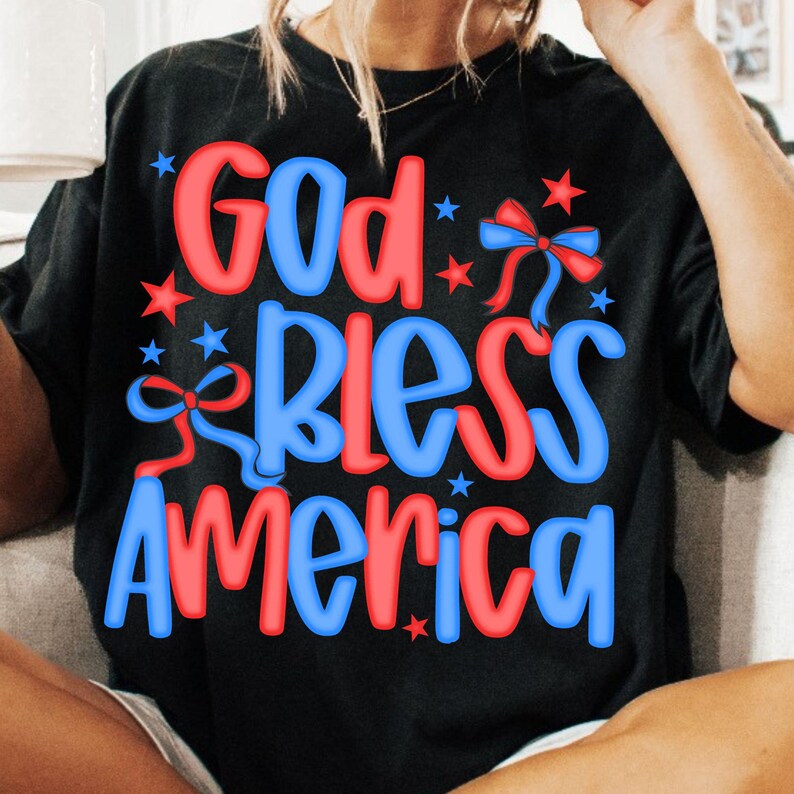Preppy America Coquette PNG, God Bless America Bow Design, Christian 4th of July Sublimation, Patriotic Cross USA Shirt Graphic