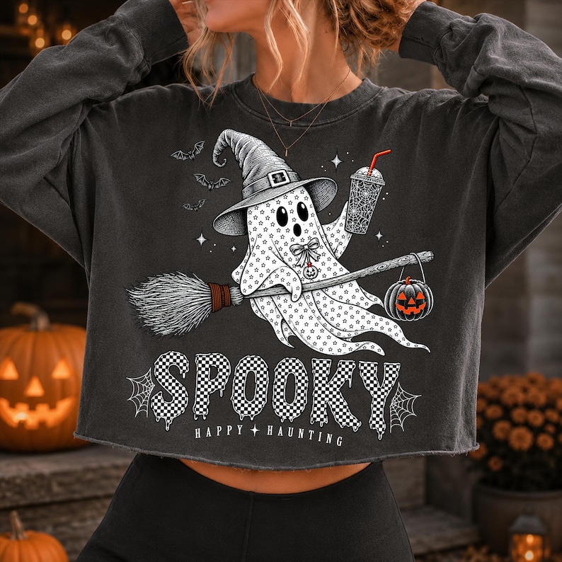 Spooky Happy Haunting Ghost Witch PNG design on a black t-shirt mockup