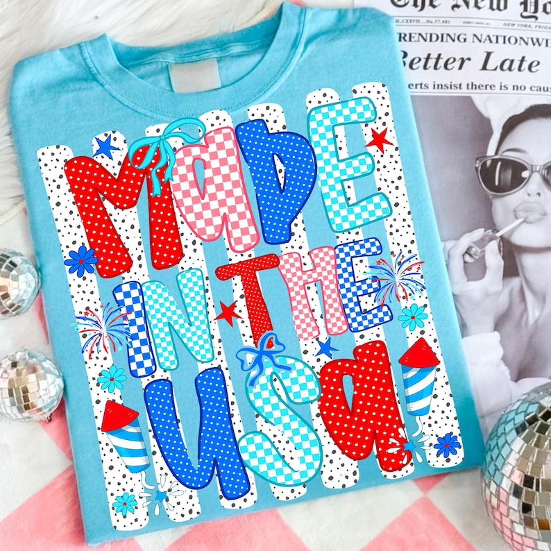 Retro Made in the USA 4th of July Sublimation PNG Design with Coquette Bows and Patterns