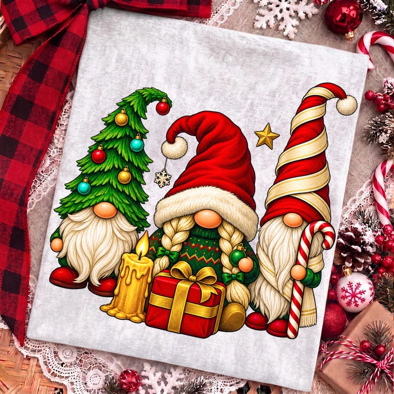 Christmas Gnome Trio PNG digital download on a t-shirt mockup