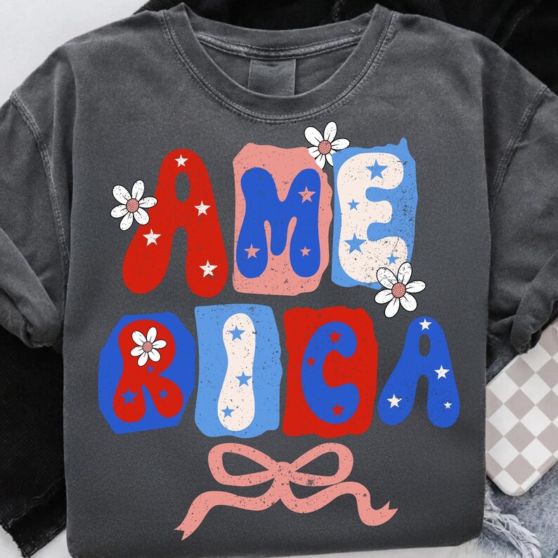 Image of America PNG 4th of July Coquette Bow Sublimation Design Retro Patriotic Independence Day Shirt Graphic Vintage USA Flag Daisy Red White Blue