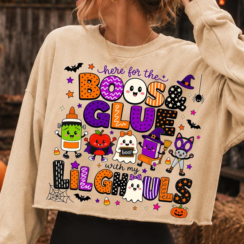 Cute Halloween Teacher PNG Design Here for the Boos and Glue
