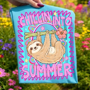 Chillin into Summer Sloth PNG Retro Summer Sublimation Design Funny Beach Vacation Shirt Graphics Tropical Hibiscus Digital Download PNG