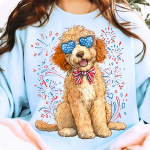 Goldendoodle Patriotic PNG, Fourth of July Dog Clipart, USA Dog Digital Illustration, Red White Blue Bow, Retro 4th of July Sublimation