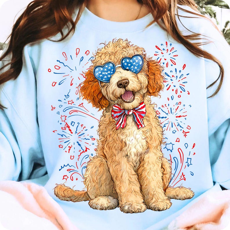 Goldendoodle Patriotic PNG, Fourth of July Dog Clipart, USA Dog Digital Illustration, Red White Blue Bow, Retro 4th of July Sublimation