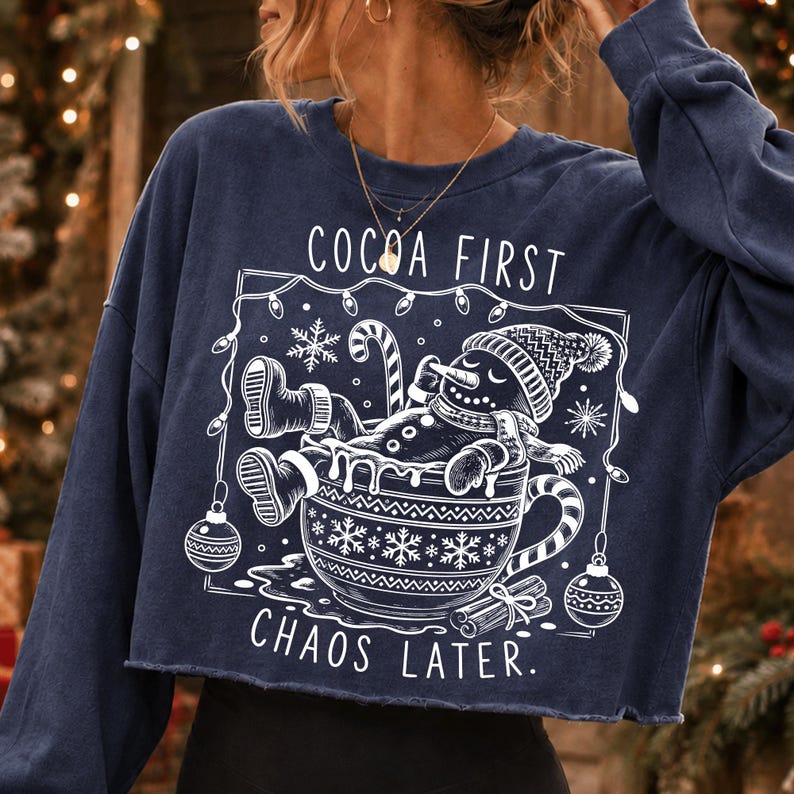Image of Funny Christmas Snowman PNG, Cocoa First Chaos Later, Retro Winter Design (Digital Download)