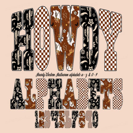 Western Halloween Alphabet PNG: Gingham Cowboy Boots Font Clipart (Digital Download