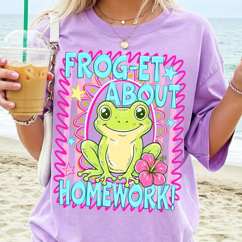 Close-up of the 'Frog-et About Homework' preppy frog design showcasing high-resolution details.