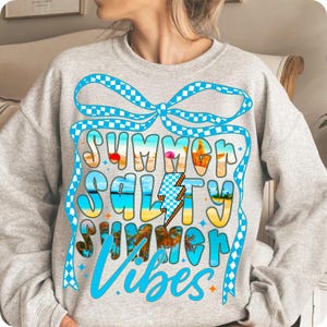 Checkered Salty Summer PNG, Coquette Summer Bow, Beach Vibes PNG, Trendy Summer Shirt Design, Beach Bum PNG, Girl Summer Shirt Png