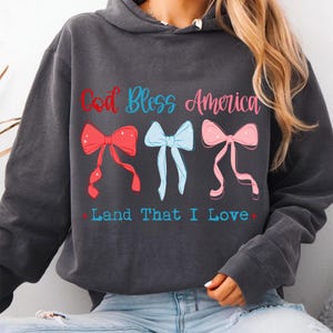 Może przedstawiać: Ciemnoszara bluza z kapturem z napisem "God Bless America" w kolorze czerwonym i niebieskim oraz "Land That I Love" w kolorze czerwonym. Projekt zawiera trzy kokardy w kolorze czerwonym, jasnoniebieskim i r&oacute;żowym.