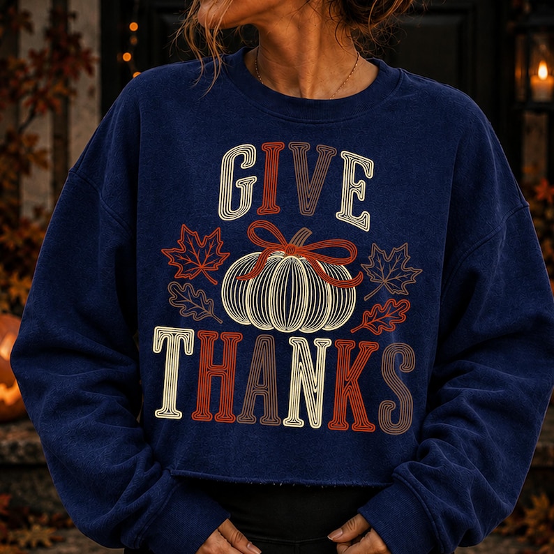 Puede incluir: Una sudadera azul marino de manga larga con un estampado gr&aacute;fico que incluye el texto GIVE THANKS en una fuente de l&iacute;neas m&uacute;ltiples. El dise&ntilde;o presenta una calabaza central de l&iacute;neas blancas con un lazo rojo y hojas de arce y roble.