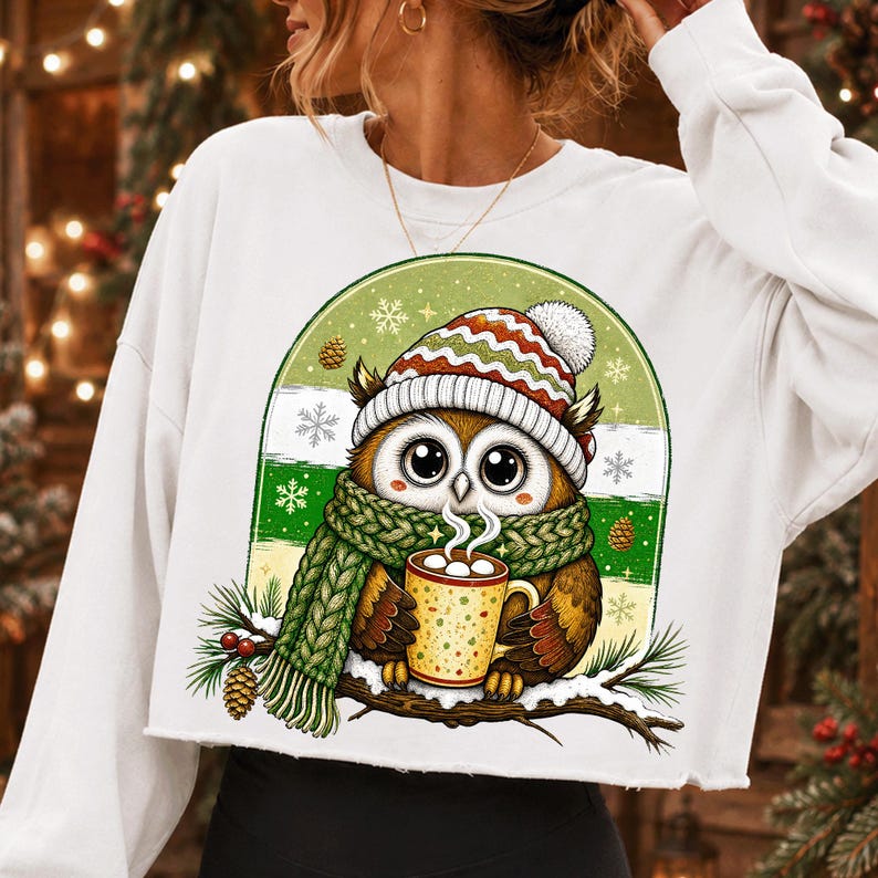 Image of Cozy Christmas Owl PNG, Winter Hot Cocoa Sublimation Design (Digital Download)