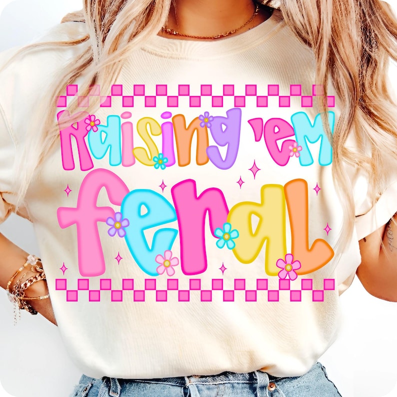 Raising ‘Em Feral PNG, Funny Mama Design, Retro Grunge Bad Moms Club Checkered Sublimation, Edgy Trendy PNG for Moms and Kids Shirt
