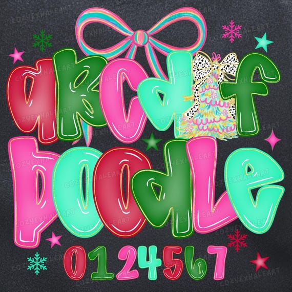 Christmas Doodle Font PNG: Pastel Alphabet, Numbers (Digital Download)