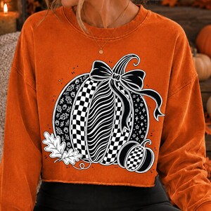 K&ouml;nnte beinhalten: Ein lang&auml;rmeliges Sweatshirt in gebranntem Orange mit einer gro&szlig;en Grafik von zwei K&uuml;rbissen. Der Hauptk&uuml;rbis hat ein schwarz-wei&szlig;es Karomuster, eine Schleife oben und Abschnitte mit Blatt- und Sternmotiven. Ein kleinerer karierter K&uuml;rbis befindet sich daneben.