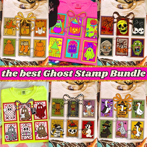 Retro Ghost Stamp Shirt PNG Bundle: Halloween Sublimation Designs, Cute Coquette Spooky Digital Download