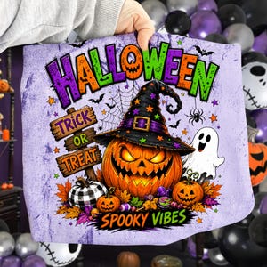 May include: A light purple fabric featuring a Halloween graphic with the text HALLOWEEN, TRICK OR TREAT, and SPOOKY VIBES. The design includes a jack-o'-lantern wearing a witch hat, a white ghost, a buffalo plaid pumpkin, and autumn leaves.