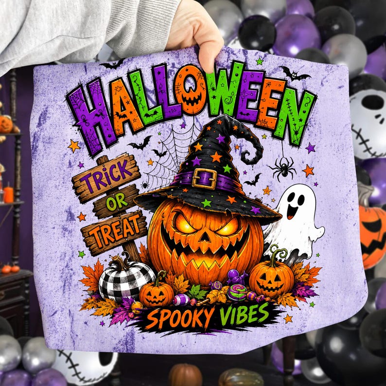 May include: A light purple fabric featuring a Halloween graphic with the text HALLOWEEN, TRICK OR TREAT, and SPOOKY VIBES. The design includes a jack-o'-lantern wearing a witch hat, a white ghost, a buffalo plaid pumpkin, and autumn leaves.