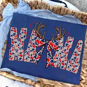 Retro Camo Mama PNG 4th of July Sublimation Design Patriotic Deer Antlers USA Digital Download Red White Blue Hunting Independence Day PNG