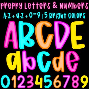 Paquete PNG de letras y números preppy, clipart de alfabeto garabato brillante, fuente de sublimación colorida A-Z a-z 0-9, diseño de manualidades para maestros, 5 juegos.