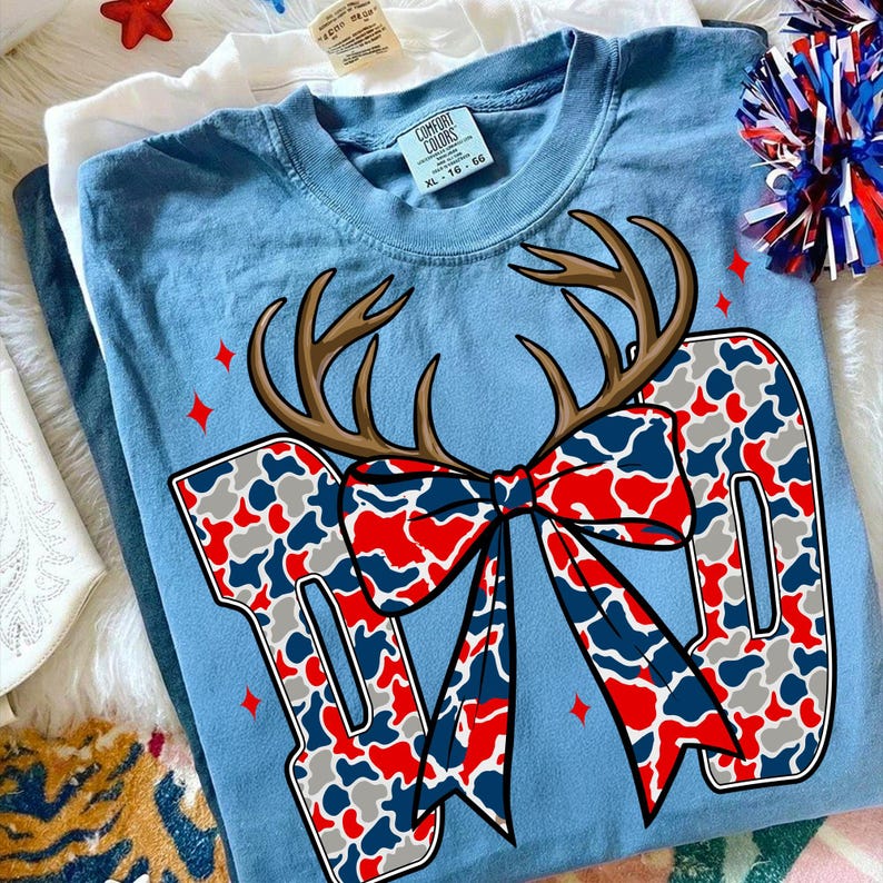 Image of Retro Camo Dad PNG 4th of July Hunting Sublimation Design American Patriotic Antler USA Red White Blue Digital Download Coquette Bow