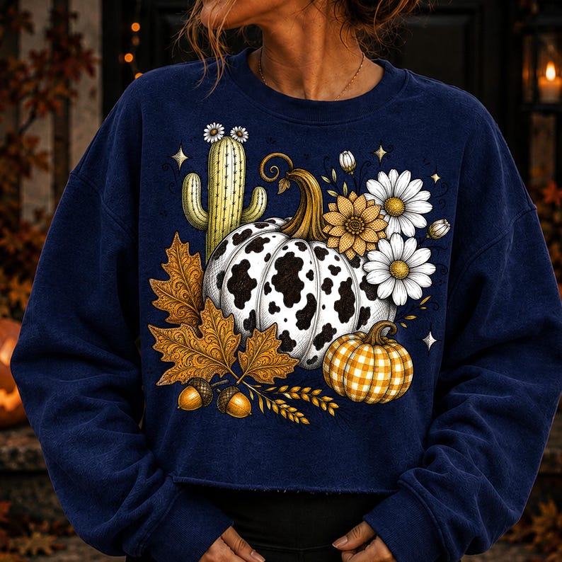 Puede incluir: Una sudadera azul marino de manga larga con un estampado gr&aacute;fico de una calabaza blanca con manchas negras de vaca, una calabaza peque&ntilde;a de cuadros naranjas, un cactus verde, hojas de oto&ntilde;o doradas, bellotas y flores de margarita blancas.