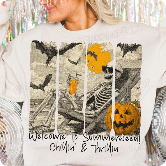 Summerween PNG: Spooky Beach Skeleton with Pumpkin Design - Digital Download for Halloween in July